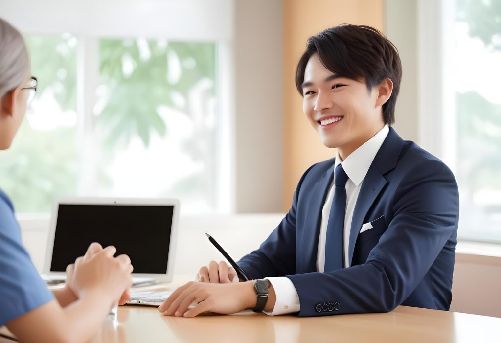 留学相談をする客と販売員